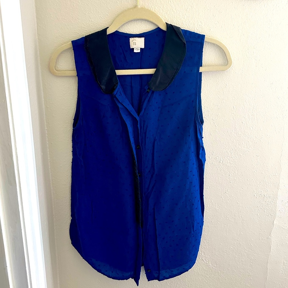 Anthropologie Royal Blue Swiss Dot Sleeveless Blouse Sz 4